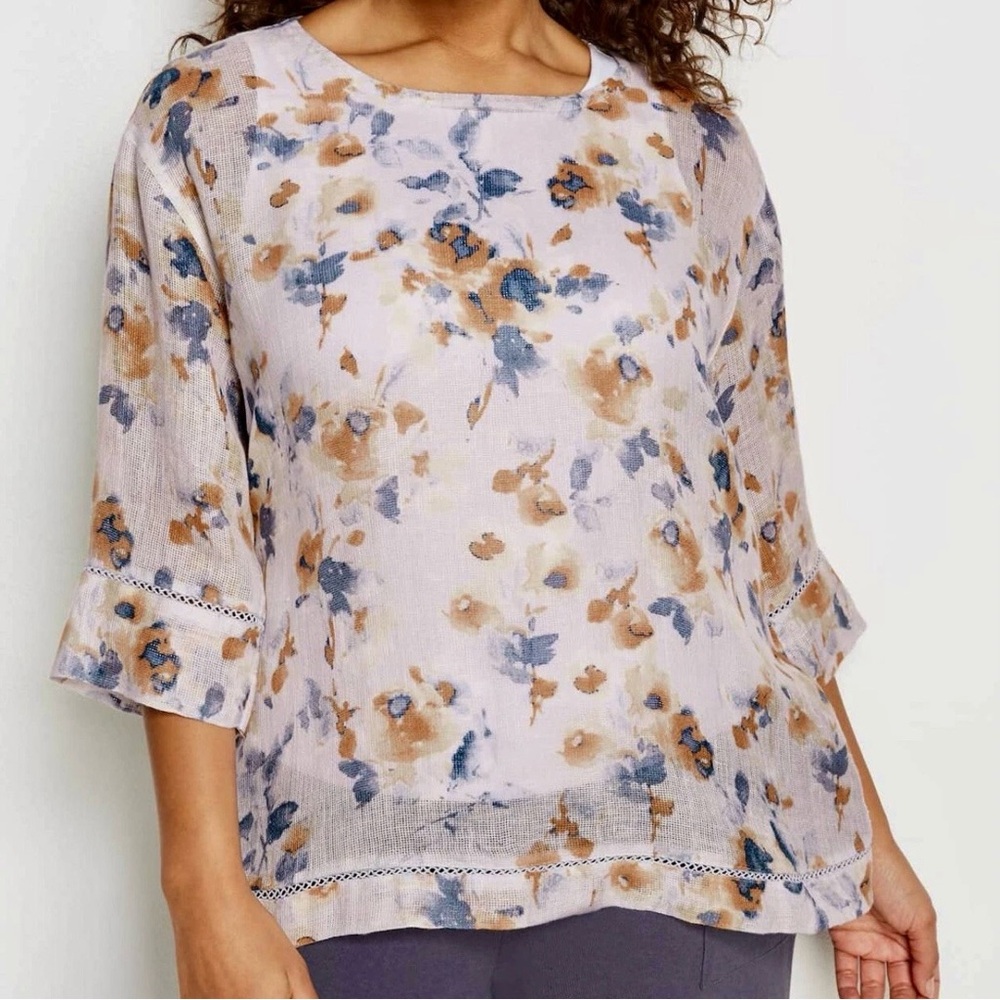 J Jill Pure Jill Linen Airy Weave Floral Watercolor Blouse Top Size L Sheer Boho